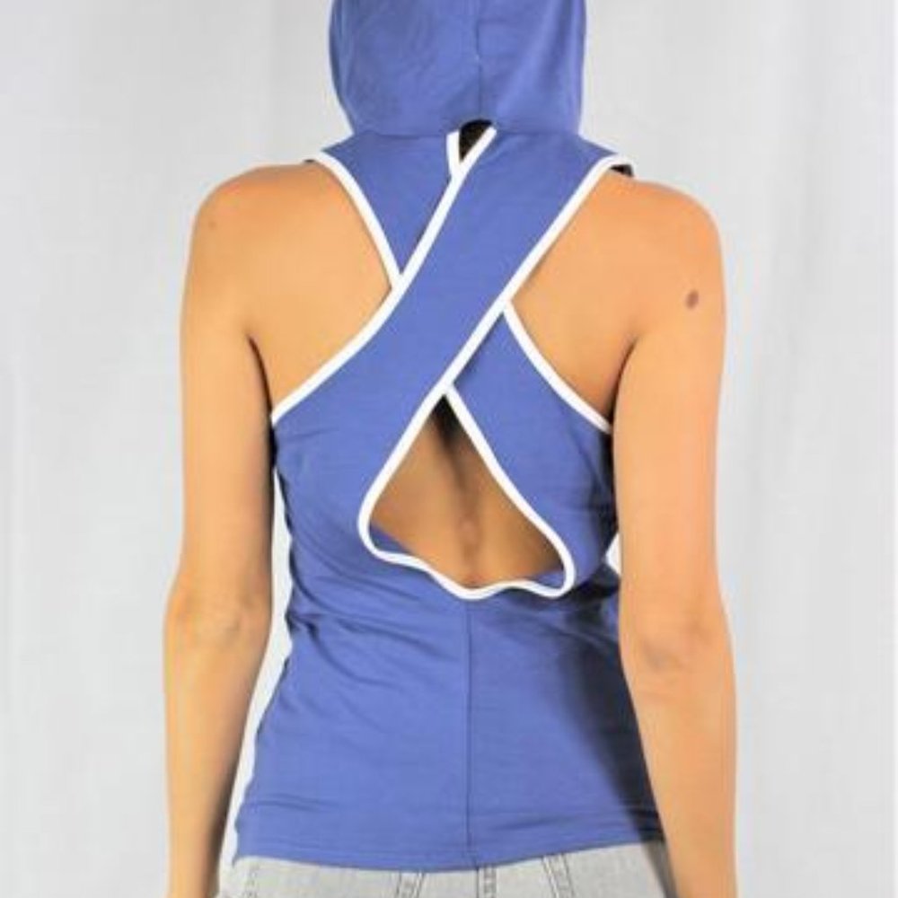 BLUE S Sleeveless Hoodie Women’s Crisscross Back Top Size M USA Made